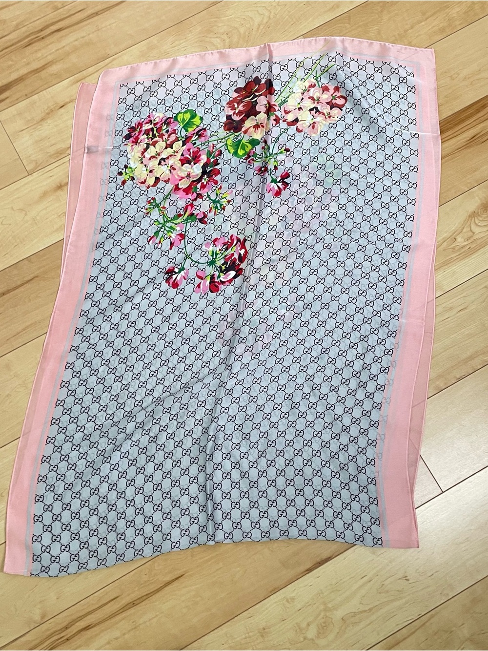 Pink Floral Trim GG  Silk Scarf 25 x 74